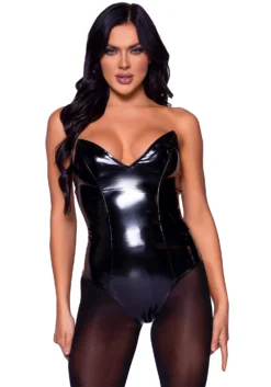 LEG AVENUE Black Wet Look Boned Bodysuit Costume For Women