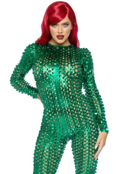 LEG AVENUE Green Laser Cut Metallic Catsuit Costume For Women