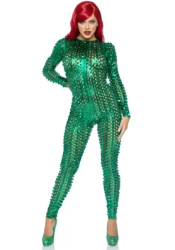 LEG AVENUE Green Laser Cut Metallic Catsuit Costume For Women -Forplay Shop green laser cut metallic catsuit costume alt 3